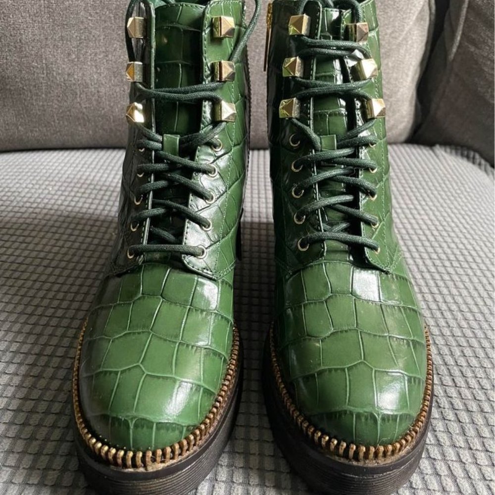 Barely Worn Michael Kors Haskell Crocodile Embossed Moss Green Combat Boots